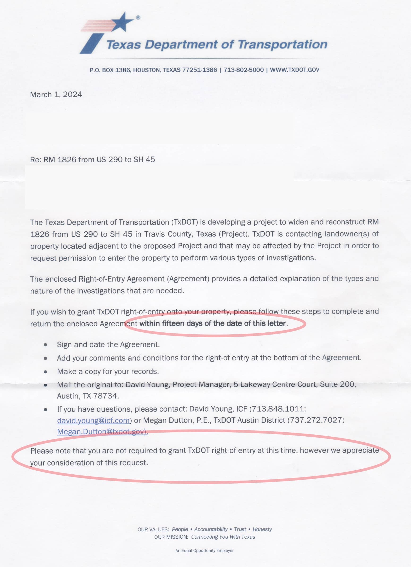 ICF TxDOT Right of Entry Notice 1
